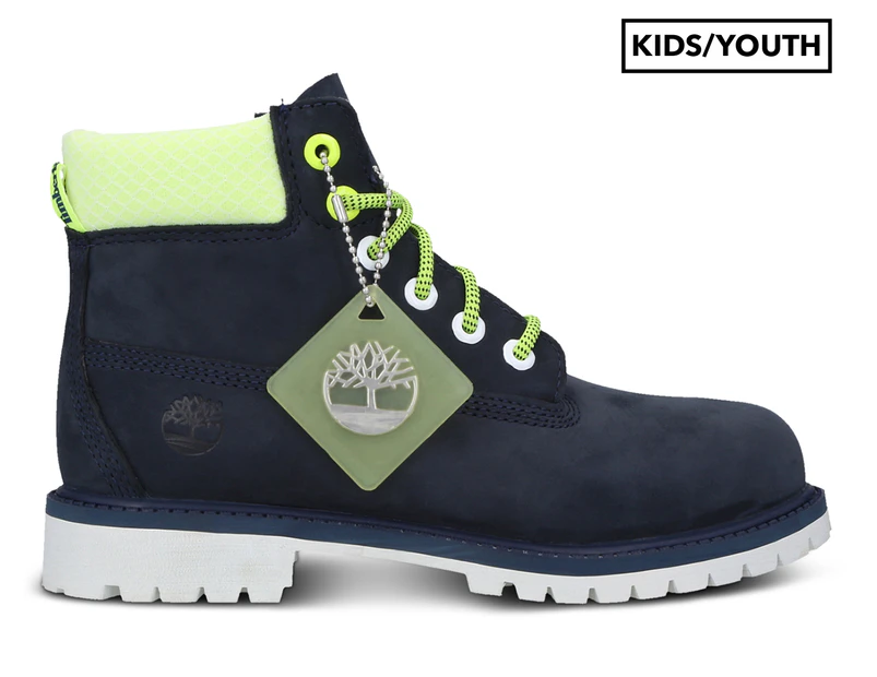 Timberland Boys' 6-Inch Premium Waterproof Boots - Navy/Lime