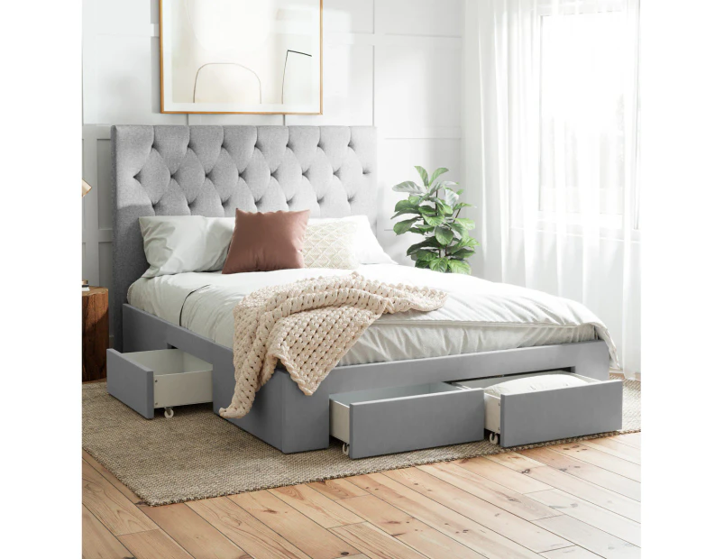 Four Storage Drawers Bed Frame with Tall Diamond Patterned Bed Head in King, Queen and Double Size (Grey Fabric)