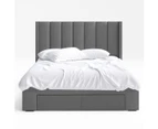 Four Storage Drawers Bed Frame with Tall Vertical Lined Bed Head with Wings in King, Queen and Double Size (Charcoal Fabric)