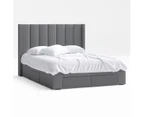 Four Storage Drawers Bed Frame with Tall Vertical Lined Bed Head with Wings in King, Queen and Double Size (Charcoal Fabric)