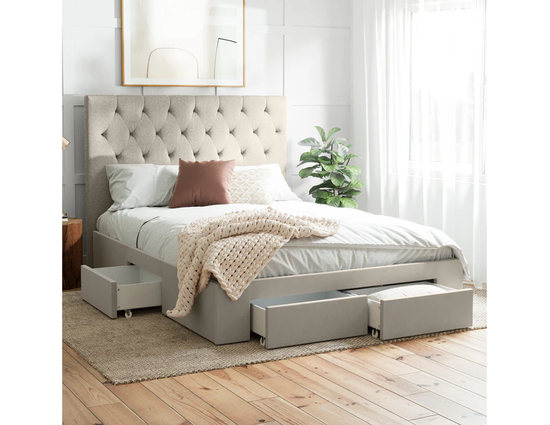 Four Storage Drawers Bed Frame with Tall Diamond Patterned Bed Head in King, Queen and Double Size (Beige Fabric)