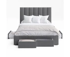 Four Storage Drawers Bed Frame with Tall Vertical Lined Bed Head in King, Queen and Double Size (Charcoal Fabric)