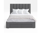 Four Storage Drawers Bed Frame with Tall Vertical Lined Bed Head in King, Queen and Double Size (Charcoal Fabric)