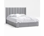 Four Storage Drawers Bed Frame with Tall Vertical Lined Bed Head with WIngs in King, Queen and Double Size (Grey Fabric)