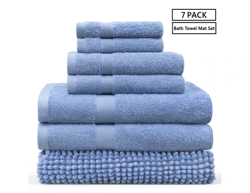 JustLINEN 7 Pieces Cotton 550GSM Bath Towel with Chenille Mat Set-Blue Suede