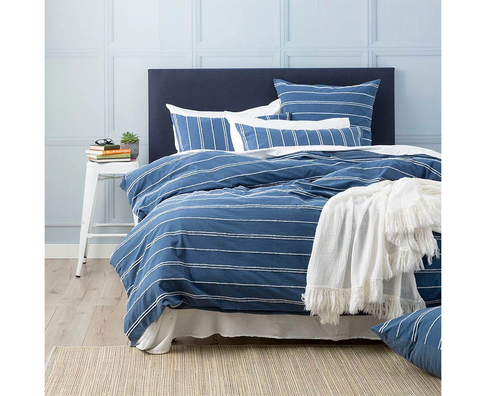 Renee Taylor Hudson Super King Bed Quilt Cover VINT Washed Cotton Chenille Blue