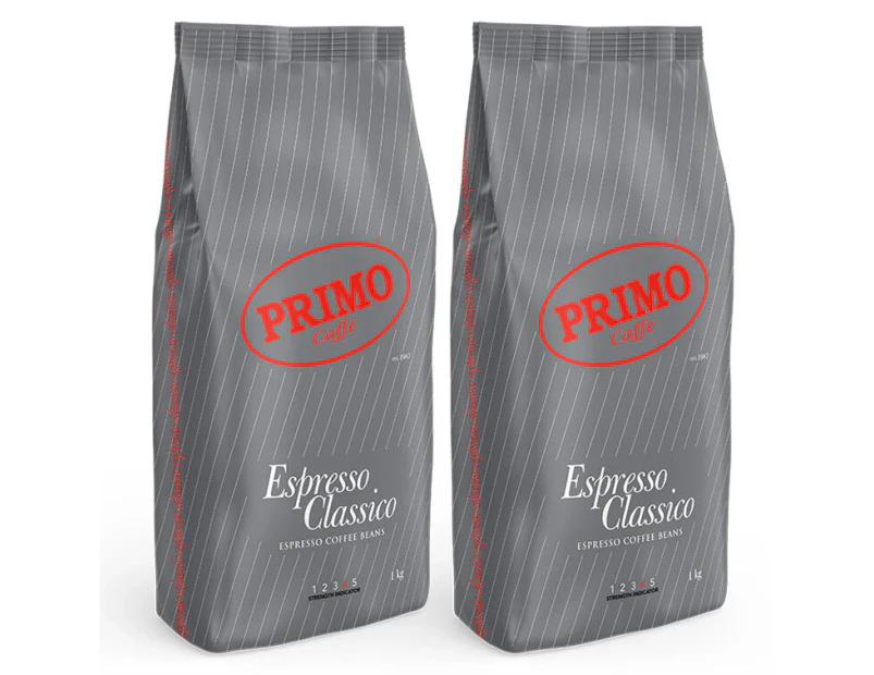 2x Primo Caffe Espresso Classico 1kg Coffee Beans Medium/Dark Roast Ints 4 Drink