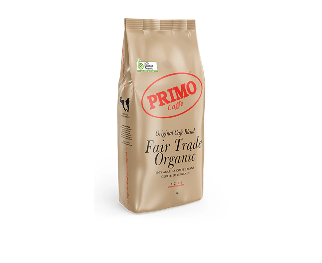 Primo Fair Trade Organic 1kg Arabica Coffee Beans Medium/Dark Roast Intensity 3