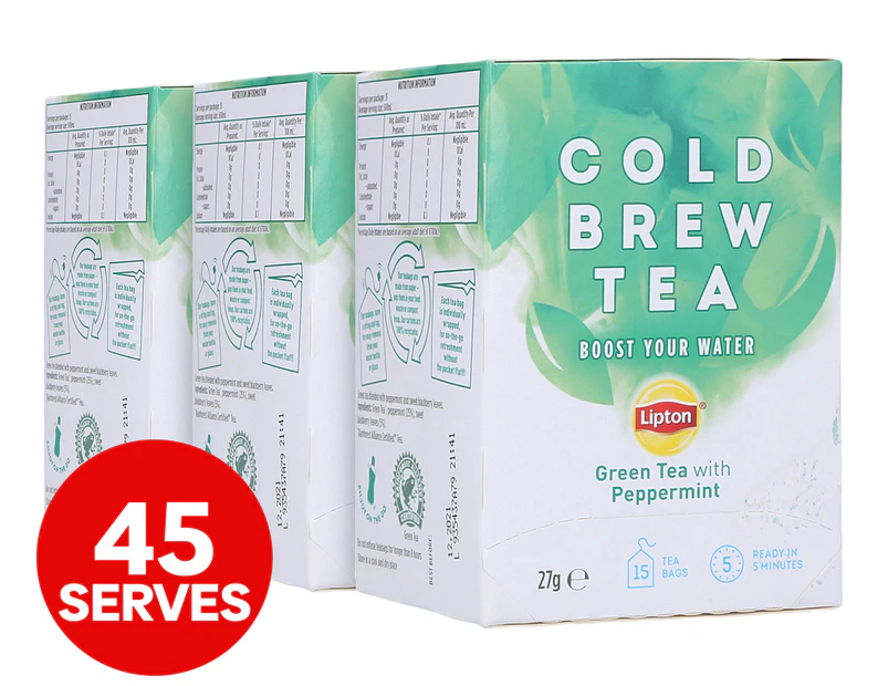 3 x 15pk Lipton Cold Brew Tea Green Tea & Peppermint 27g / 45 Serves