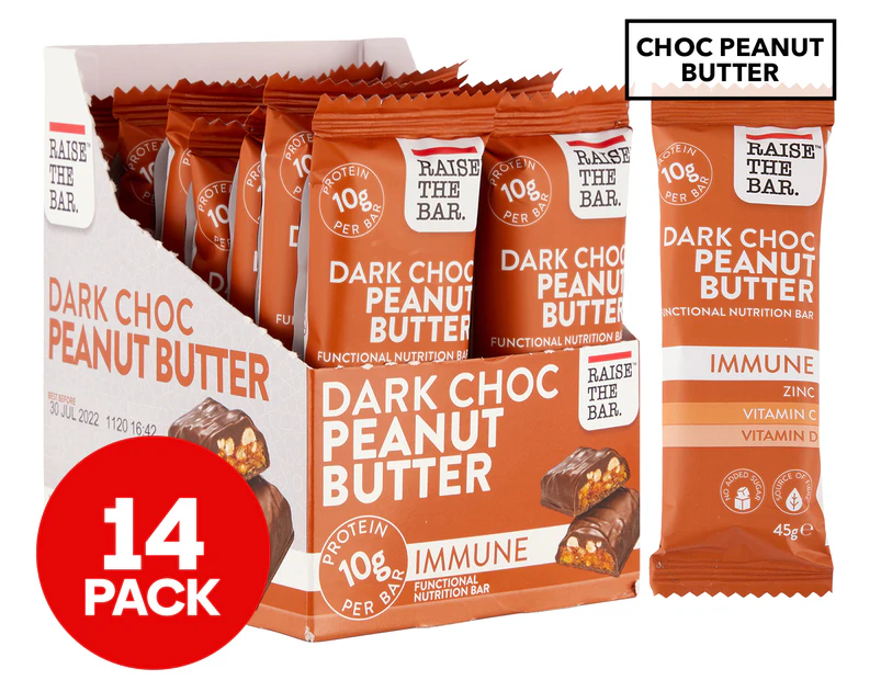 14 x Raise The Bar Immune Protein Bars Dark Choc Peanut Butter 45g
