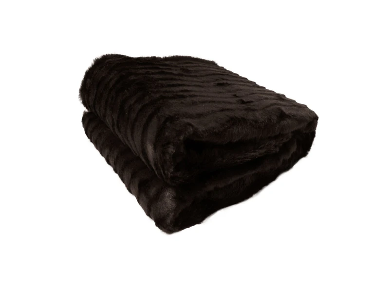 Faux Fur Striped Throw Rug 127 x 152 cm - Dark Chocolate
