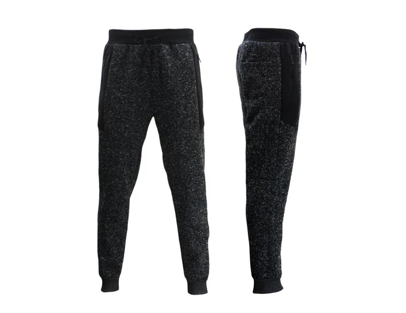 Men's Cuffed Fleece Track Pants w Zip Pockets - Black Marle