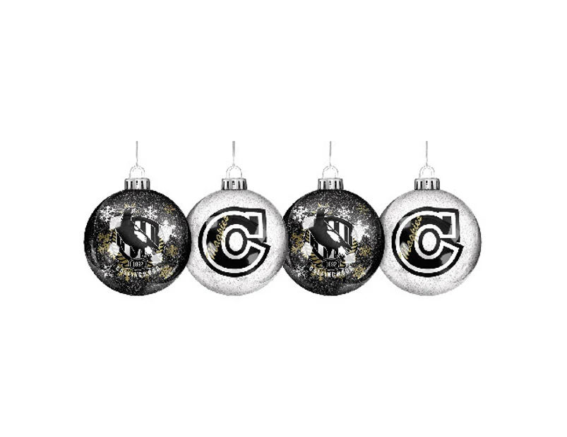 Collingwood Magpies AFL Set of 4 Christmas Tree Decoration Glitter Baubles