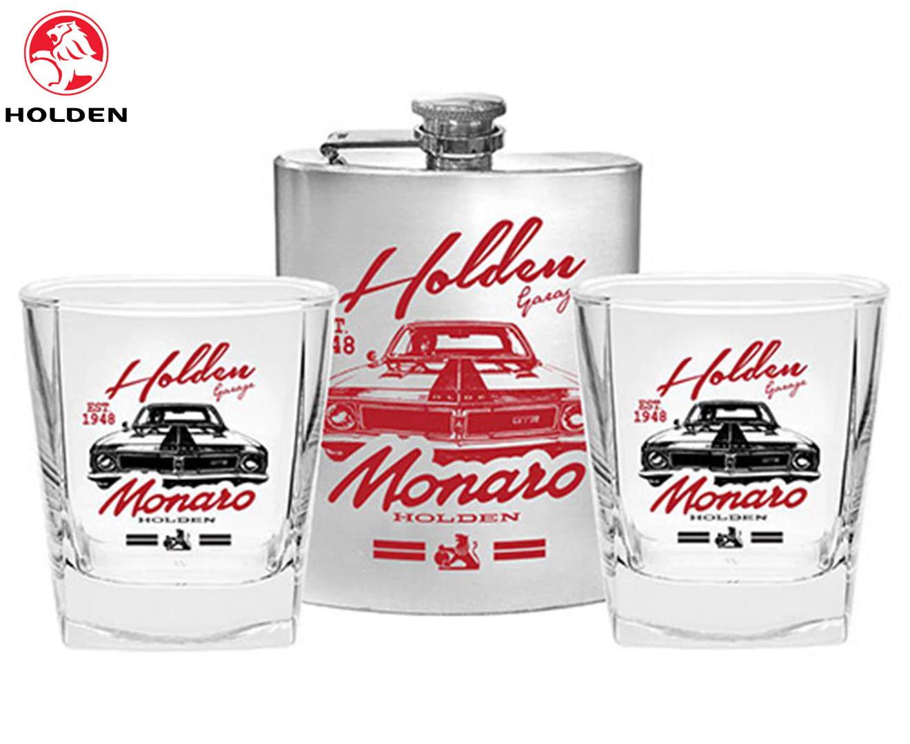 Holden Monaro set of Two Spirit Glasses and Hip Flask