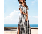 Strapsco Women's Boho Maxi Summer Casual Short Sleeve V-neck Dye Split Fork Long Dress-Black