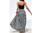 Strapsco Women's Gold Velvet Fashion Leopard Printing Maxi Skirt High Elastic Shirring Waisted Dress-Light Gray