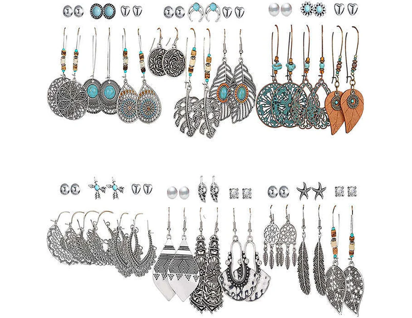 Strapsco 36 Pairs Fashion Hollow Drop Dangle Earrings Set Bohemian National Style Eardrop With Bronze-Silver Series