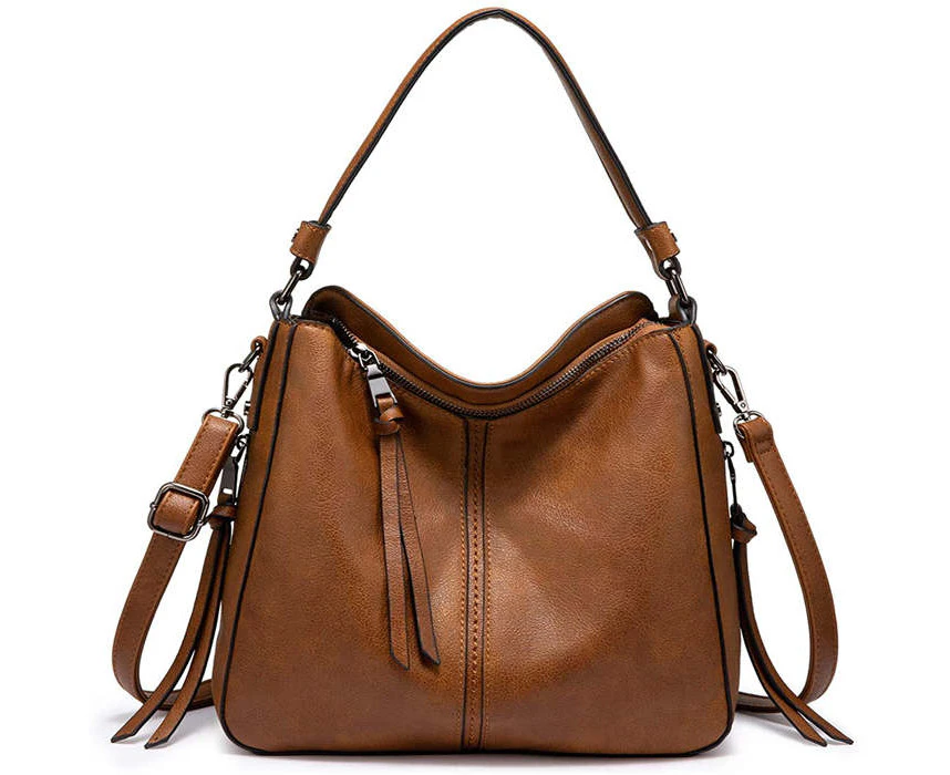 Strapsco Handbags for Women Large Designer Ladies Hobo bag Bucket Purse Faux Leather-Brown