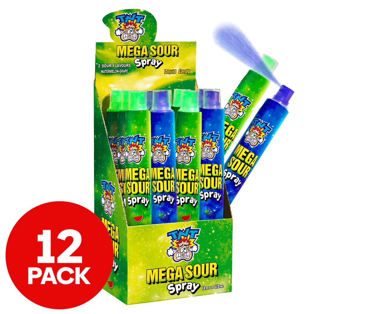 12pk TNT Mega Sour Candy Spray Watermelon & Grape 110mL