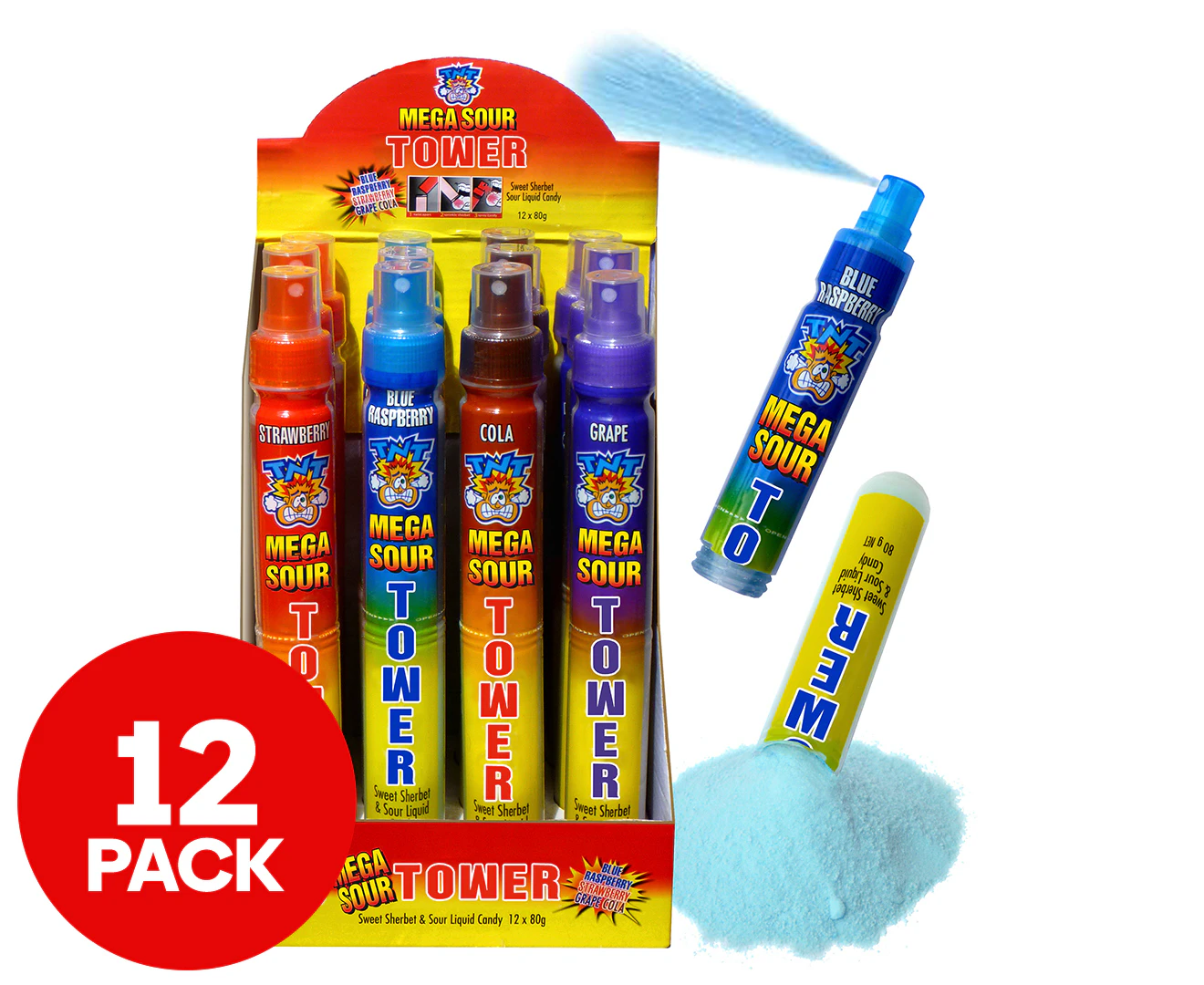 12pk TNT Mega Sour Tower Candy Spray & Sherbet Assorted Flavours 80g