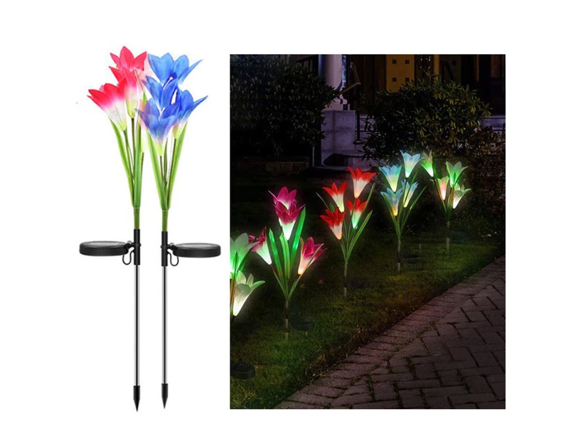 Bestier 2 Pack Garden Lily Flower Light Outdoor Color Changing LED Solar Decorative Lights for Garden Patio Backyard  （Red+Blue)