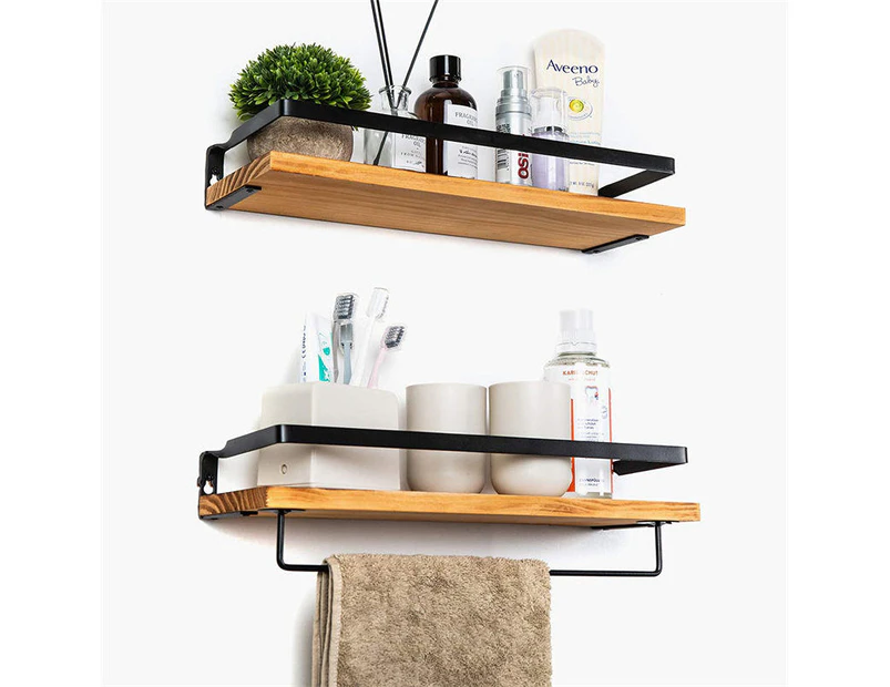 Floating Shelf Wall-mounted Storage Rack for Kitchen and Bathroom 2-piece Wooden Set-Carbonized Black