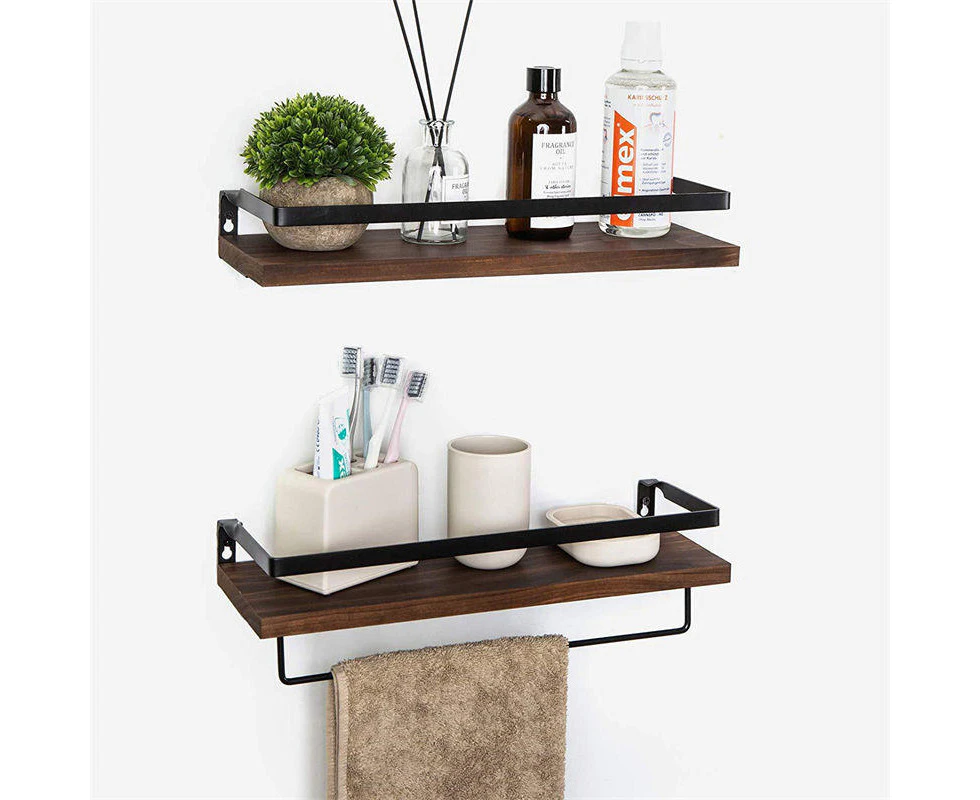 Floating Shelf Wall-mounted Storage Rack for Kitchen and Bathroom 2-piece Wooden Set-Brown