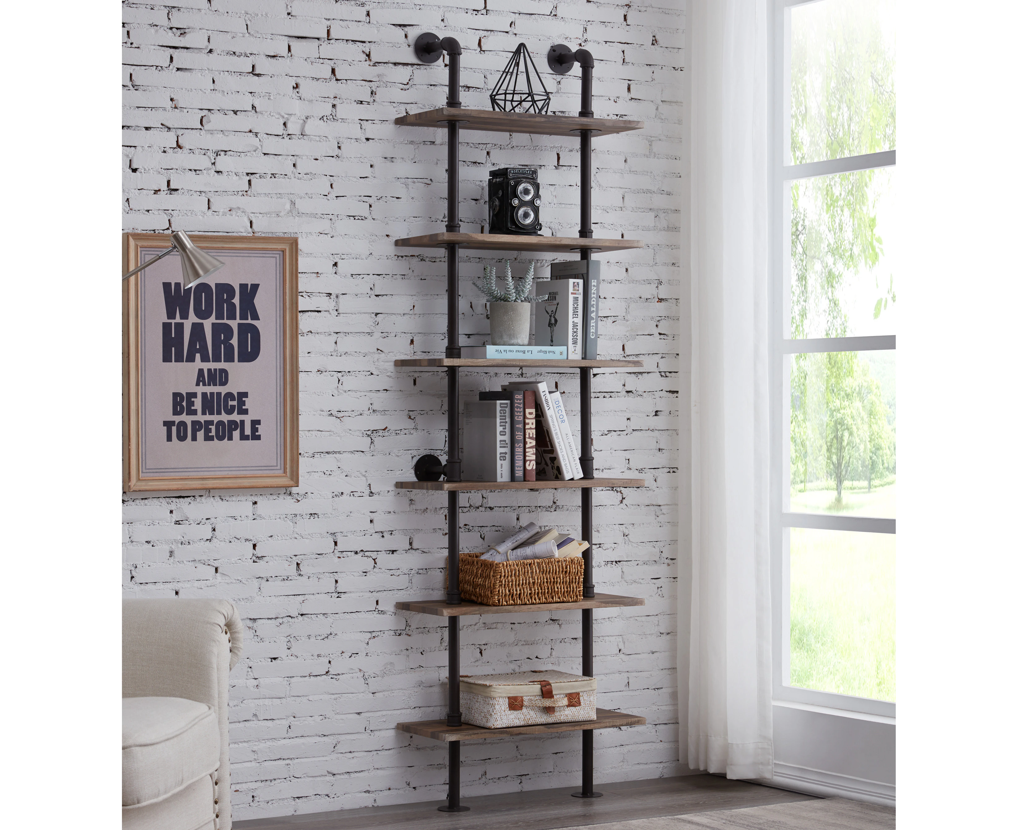 IHOMDEC 6 Tier Industrial Pipe Ladder Shelf Brown