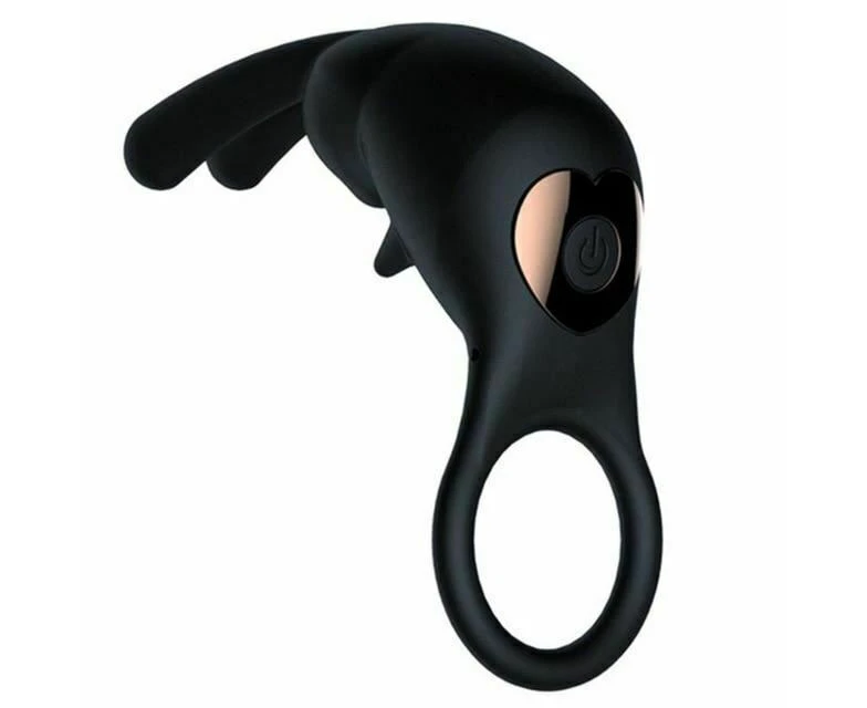 Rabbit Ears Penis Vibrator 10 Modes Rechargeable Vibrating Cock Ring Men - Black