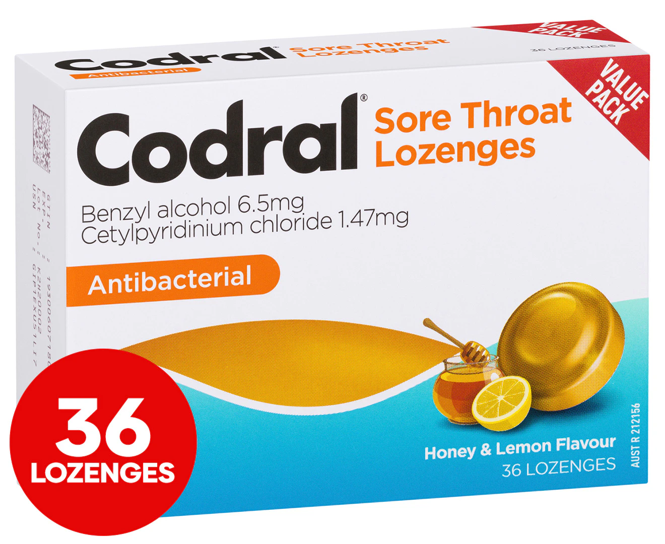 Codral Sore Throat Relief Lozenges Antibacterial Honey & Lemon 36 Pack