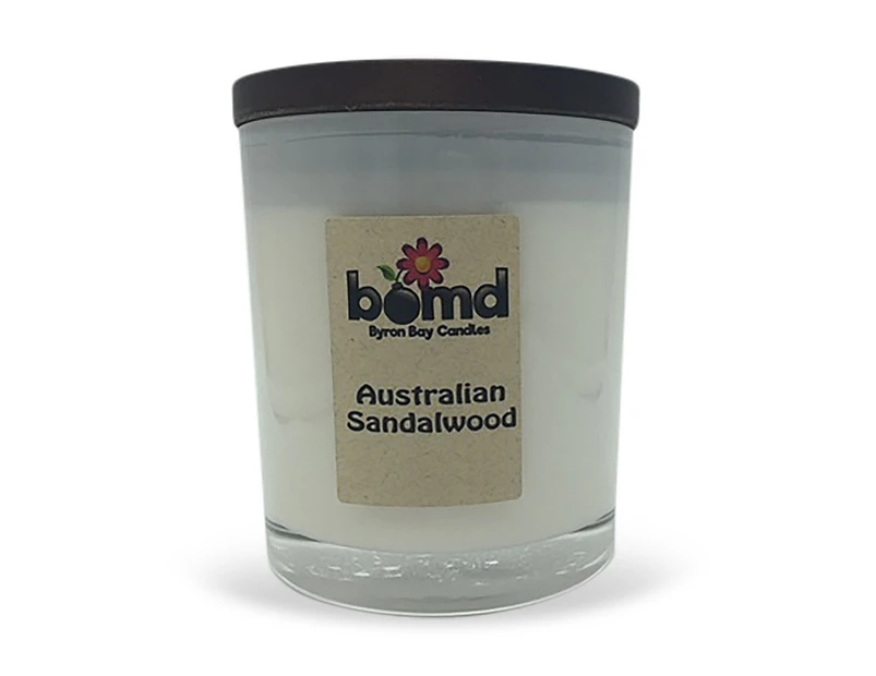 Australian Sandalwood 100% Soy Hand Poured Candle with Cotton Wick in Glass Jar Display - White