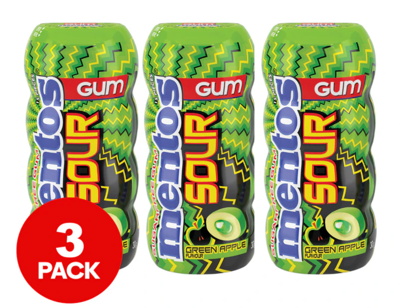 3 x Mentos Sour Sugar Free Gum Bottle Green Apple 30g