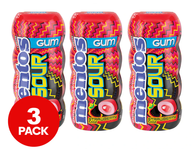 3 x Mentos Sour Sugar Free Gum Bottle Strawberry 30g