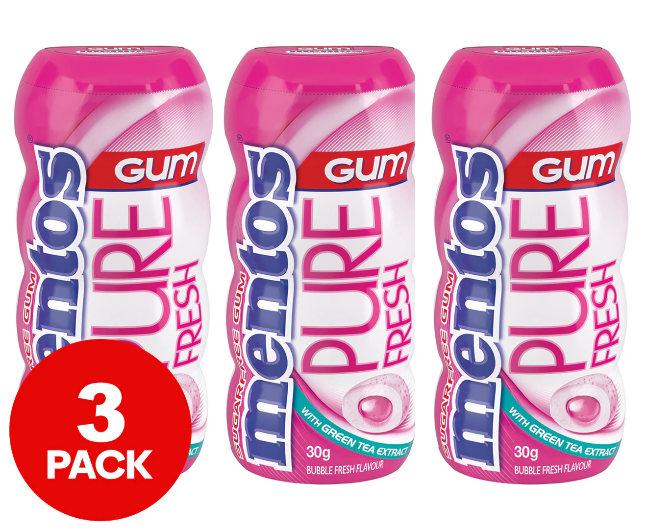 3 x Mentos Pure Fresh Sugar Free Gum Bottle Bubble Fresh 30g