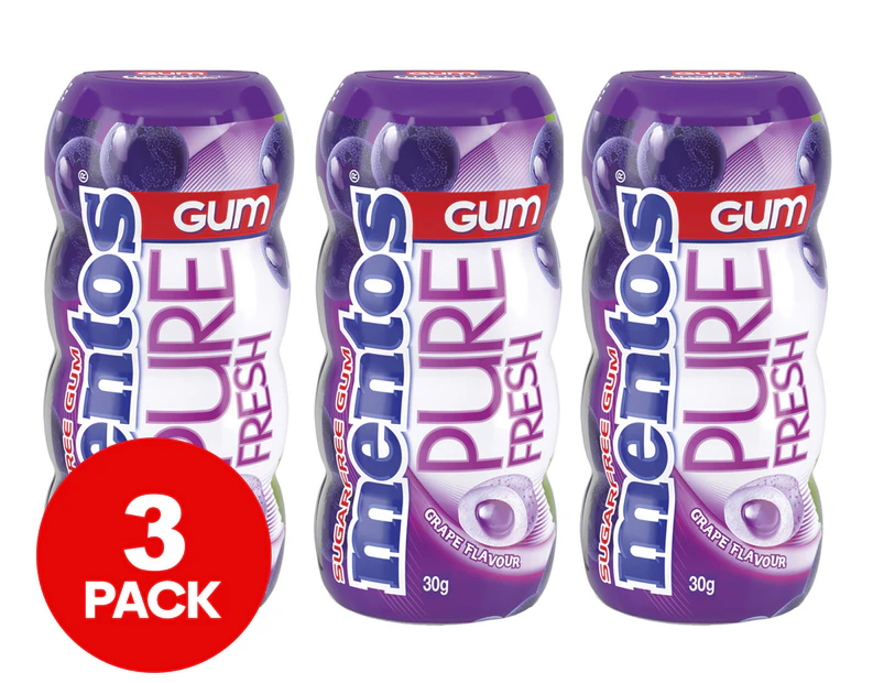 3 x Mentos Pure Fresh Sugar Free Gum Bottle Grape 30g