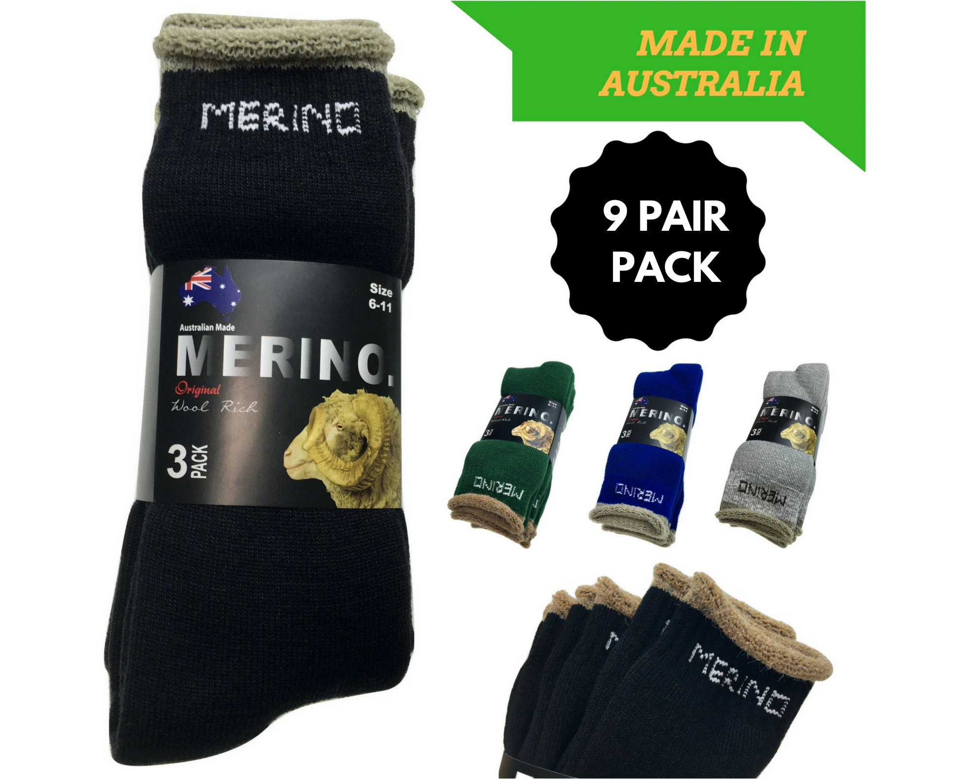 9 Pairs MERINO WOOL SOCKS Men's Heavy Duty Premium Thick Work Socks Cushion BULK - Mystery Mix of 2 Colours