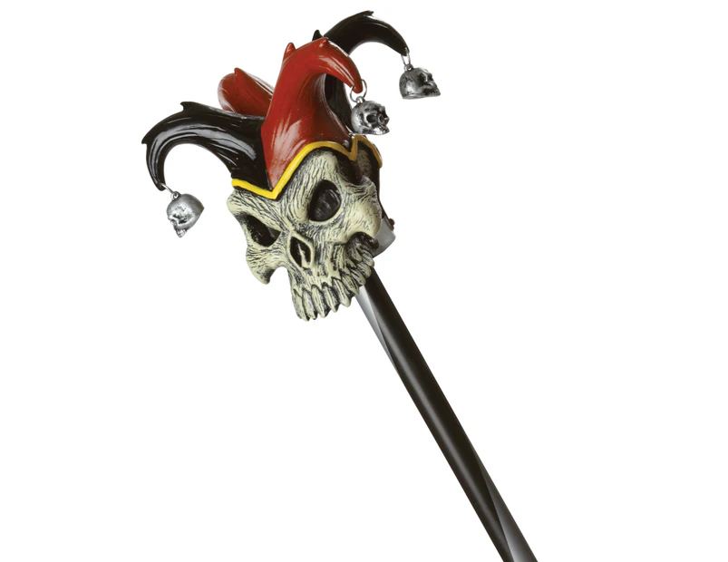 Jester Skull Joker Evil Clown Black Red Halloween Mens Costume Stick Cane