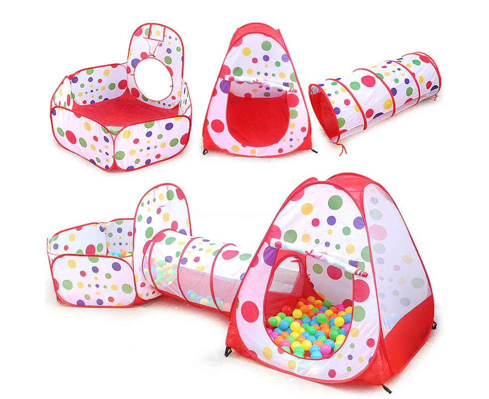 3 in 1 Play Tent Kids Toddlers Tunnel Set Teepee Ball Pit Indoor/Outdoor Gifts Red