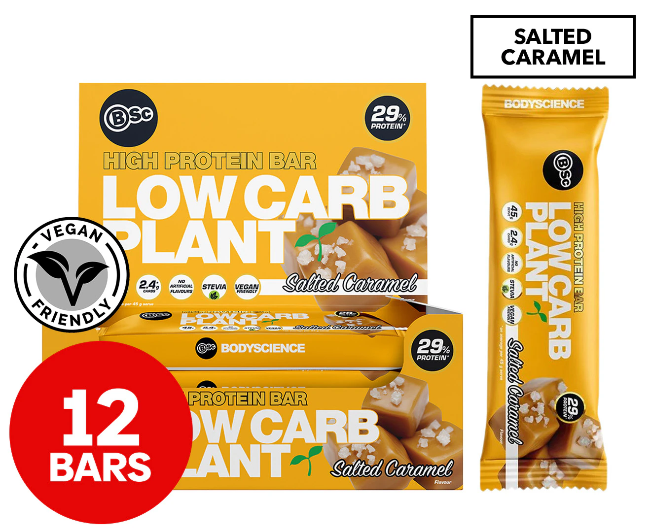 12 x BSc High Protein Low Carb Plant Bar Salted Caramel 45g