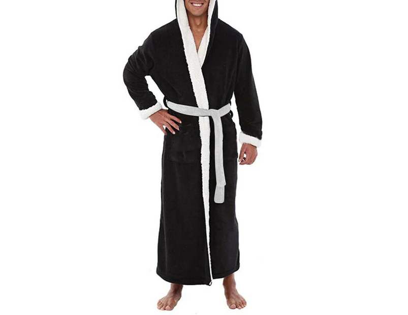 MasBekTe Men's Fleece Long Bathrobe Hooded Dressing Gown Soft Nightgown Sleepwear - Black