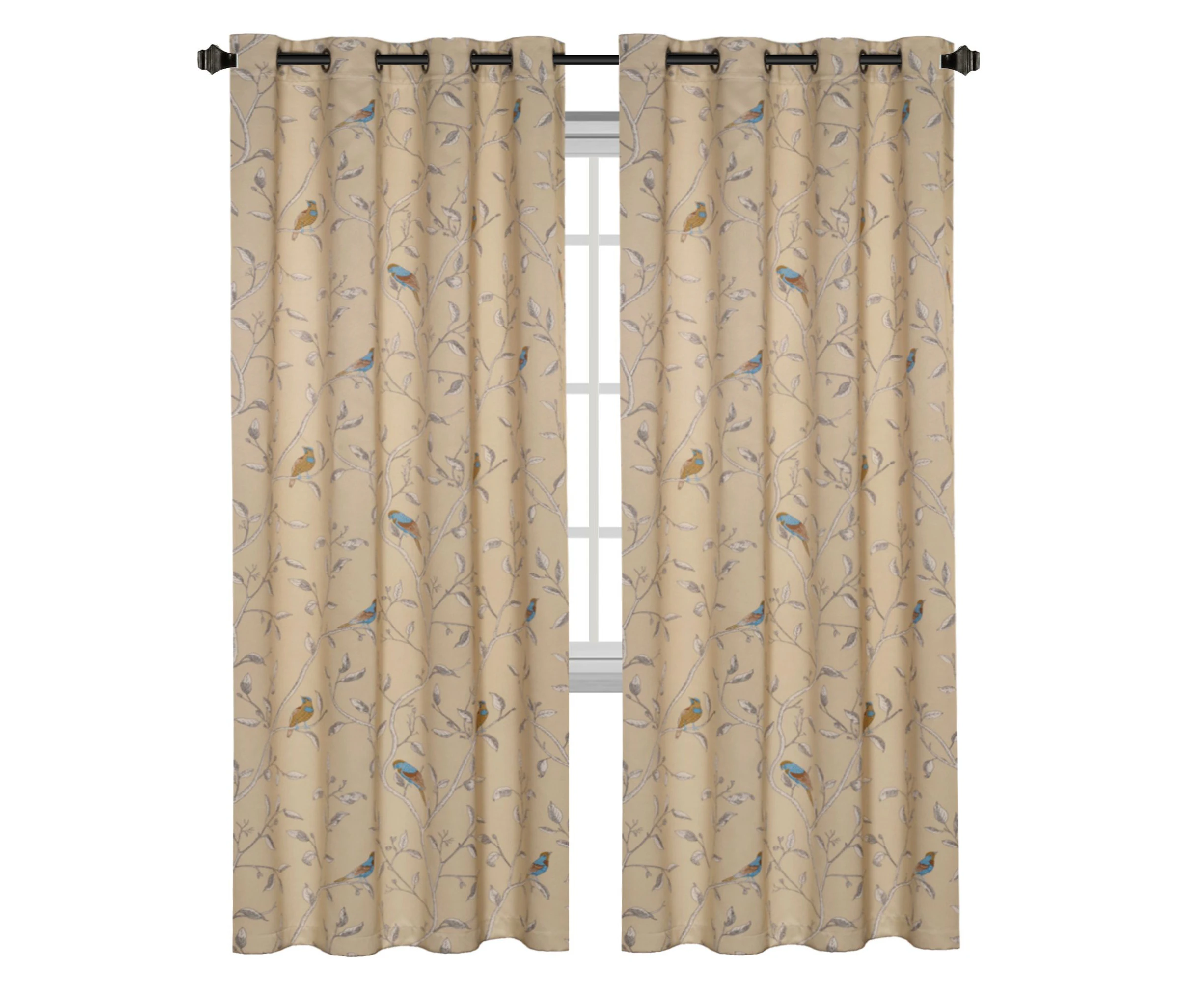 Window  Treatment Curtains and Draperies Blockout Eyetlet for Living Room 1 Pair Floral Curtains, Birds Pattern on Taupe