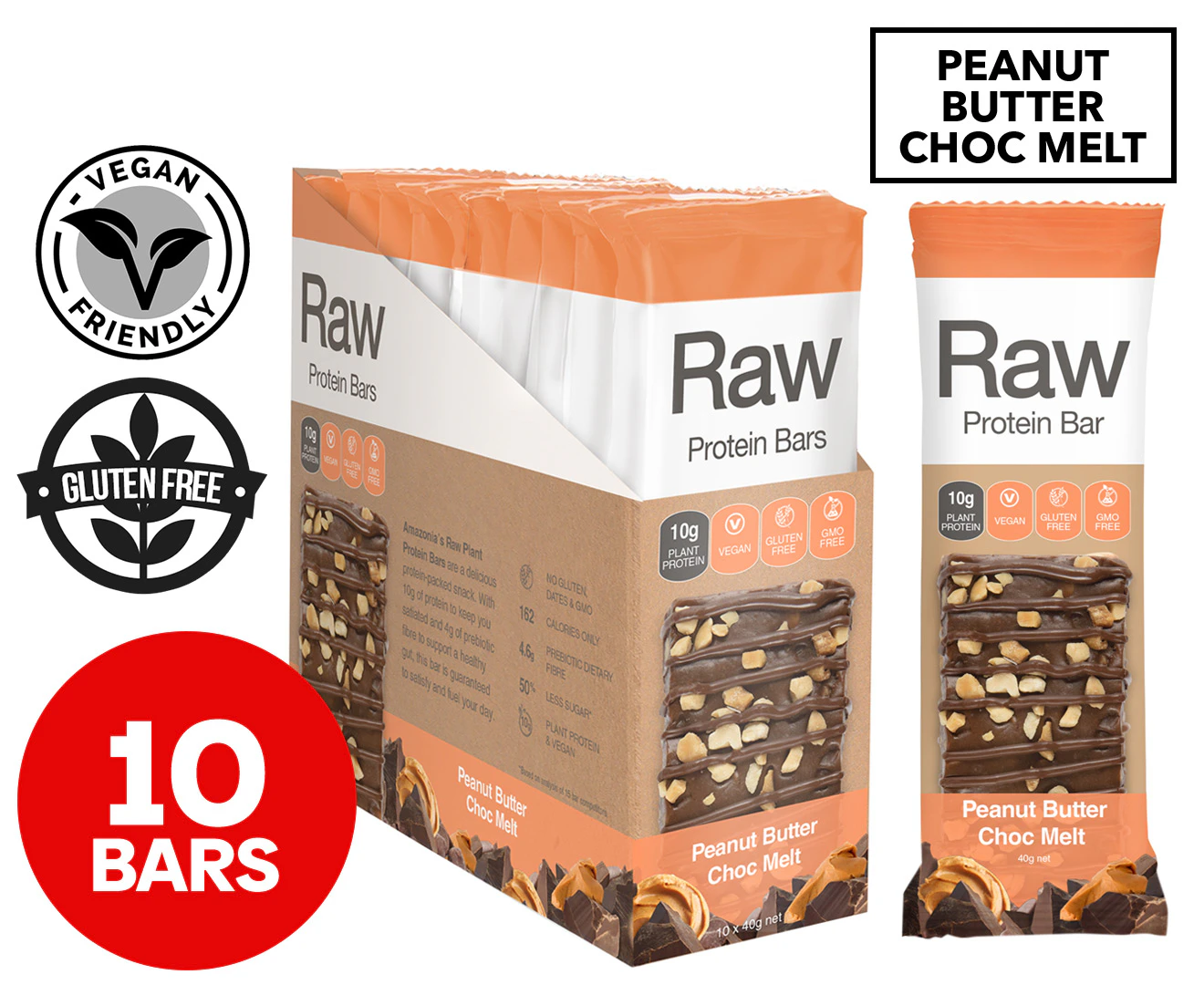 10 x Amazonia RAW Protein Bars Peanut Butter Choc Melt 40g