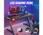 Large Z Shaped Gaming Desk Computer Home Office Writing Desk Racer Table with RGB LED Lights Carbon Fiber Tabletop Black