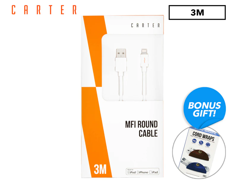 Carter 3m Apple MFI Lightning To USB Round Cable + Bonus Cable Organiser Wrap 2-Pack