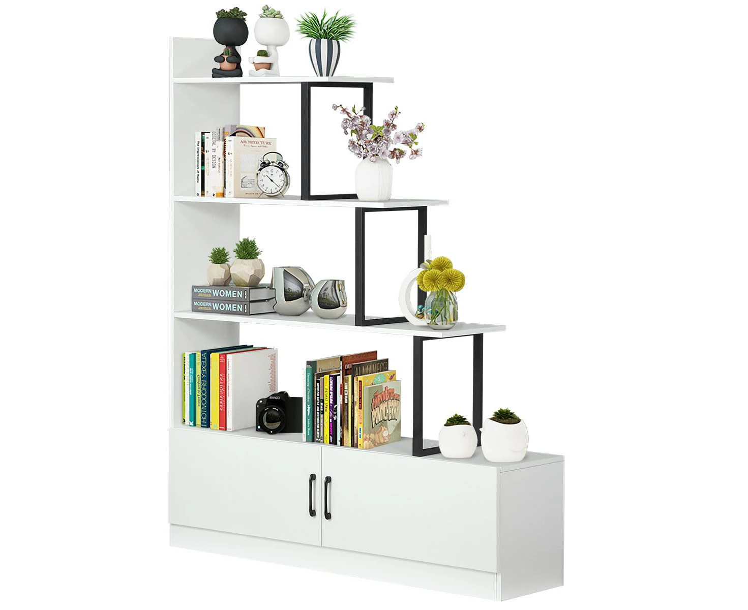 5 Tier Ladder Bookshelf Bookcase Storage Cube Rack Cabinet Display Shelf Unit with 2 Doors