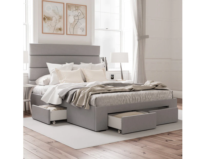 Four Storage Drawers Bed Frame with Horizontal Panel Bed Head in King, Queen and Double Size (Grey Fabric)