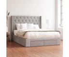 Four Storage Drawers Bed Frame with Diamond Tufted Bed Head with WIngs in King, Queen and Double Size (Grey Fabric)