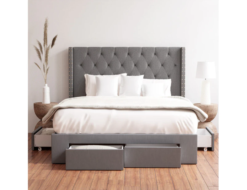 Four Storage Drawers Bed Frame with Diamond Tufted Bed Head with Wings in King, Queen and Double Size (Charcoal Fabric)