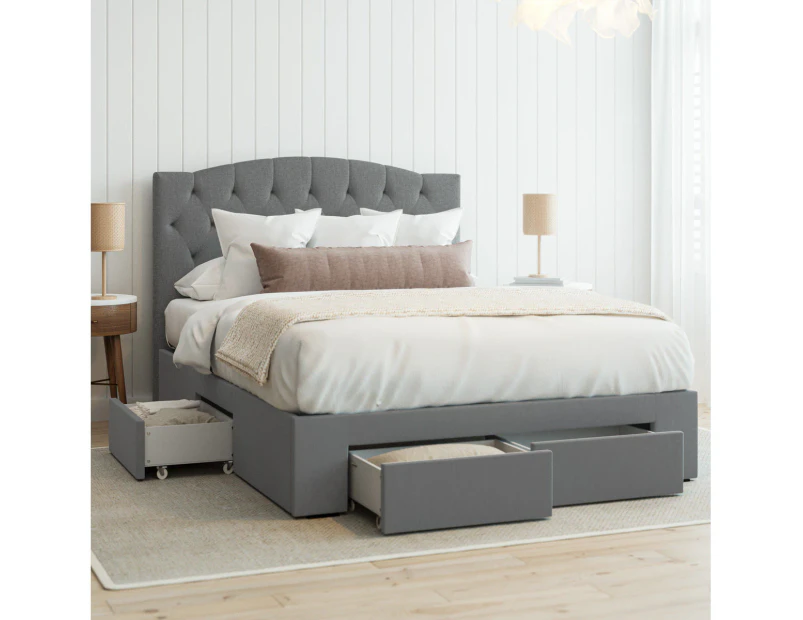 Curved Four Storage Drawers Bed Frame with Diamond Pattern Bed Head in King, Queen and Double Size (Charcoal Fabric)