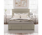 Four Storage Drawers Bed Frame with Horizontal Panel Bed Head in King, Queen and Double Size (Beige Fabric)